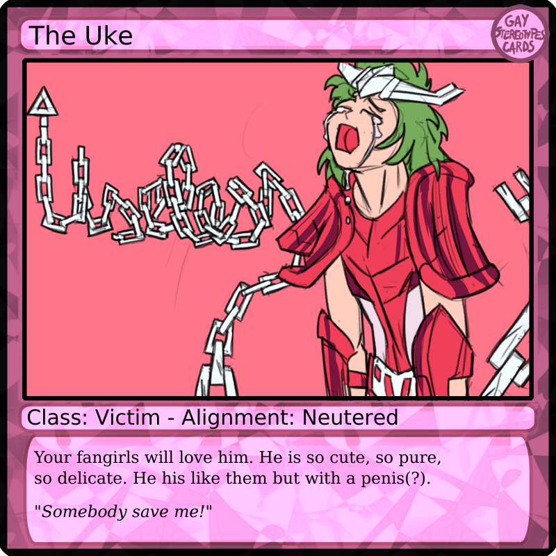rickleone_tame's tweet photo. #gaystereotypes chart! We start with the Neutered alignment. And with The #Uke, Victim class.
Similar to the bullied teen, but without the sexual activity. They're comforting, cute and hilarious. 
#gaycliche #queerart #queercomics #gaycomics #gayart #gaytoons #gaystereotype https://t.co/xkxGmbFJzv