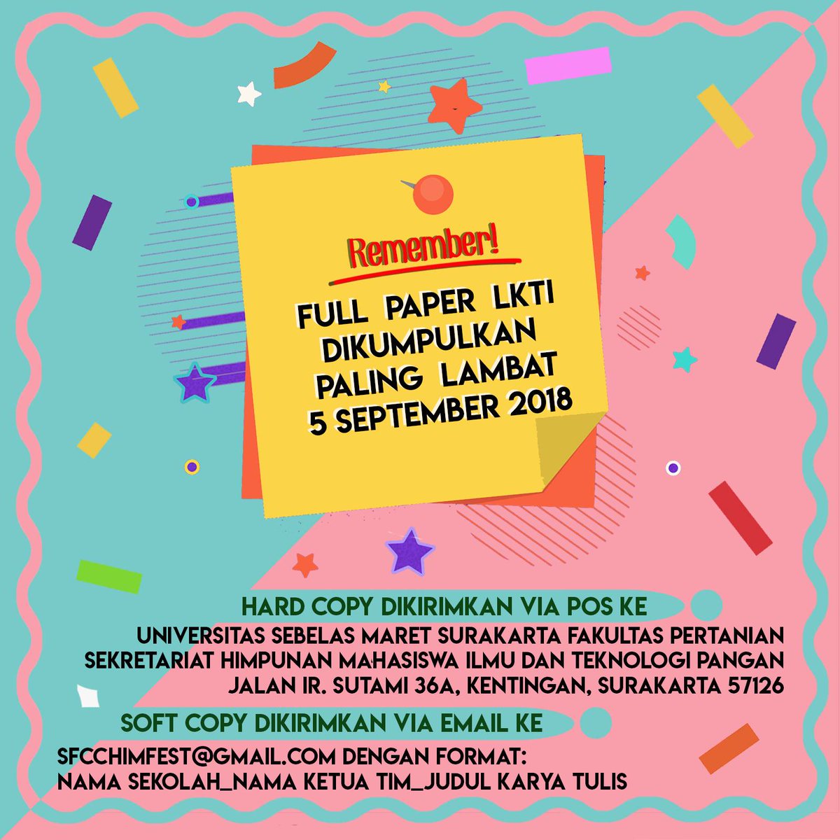 📣ATTENTION FOOD FIGHTERS📣

SFCC XII tahun ini menetapkan hasil akhir karya hanya sebatas PROTOTYPE, sehingga tidak akan dinilai secara organoleptik. Info selanjutnya kunjungi website HIMFEST 2018: himaghitafestival.wixsite.com/home/sfcc

Narahubung: 
085777515490 (Fadzil)
082324152834 (Dhisya)