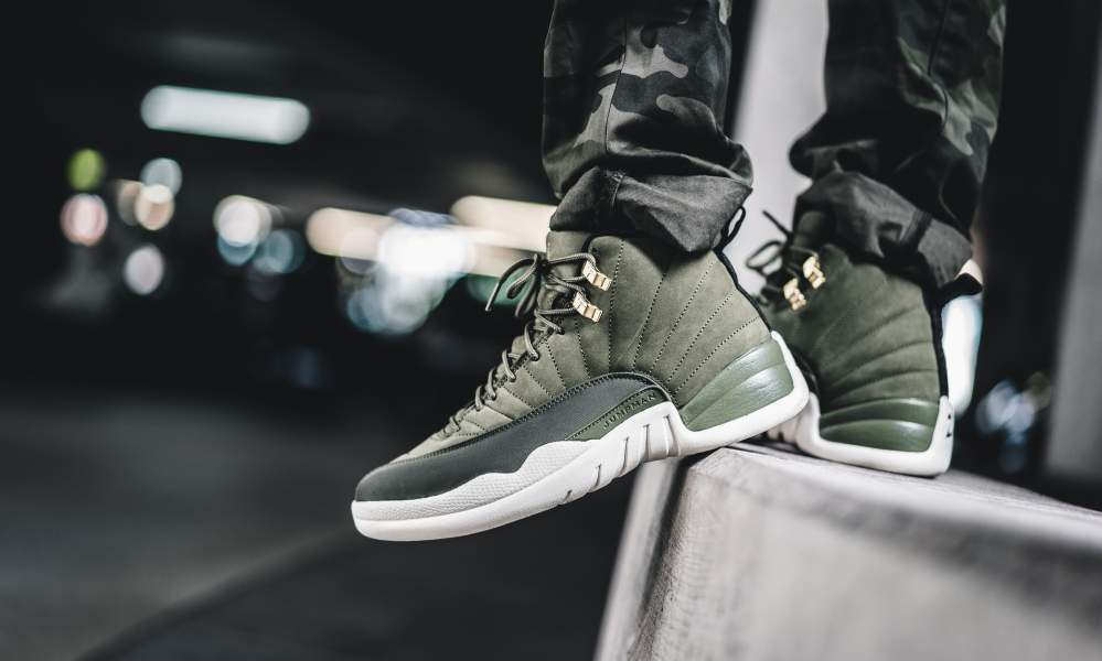 jordan 12 olive on feet