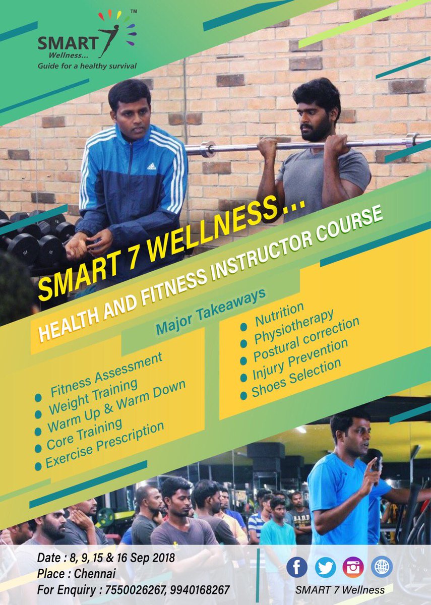 smart7wellness's tweet photo. Fitness Trainer Certification program... 
limited seats!!!
Avail Early bird offer before 25th Aug 2018.
Thank you 😊 https://t.co/gUpcOWaIGl