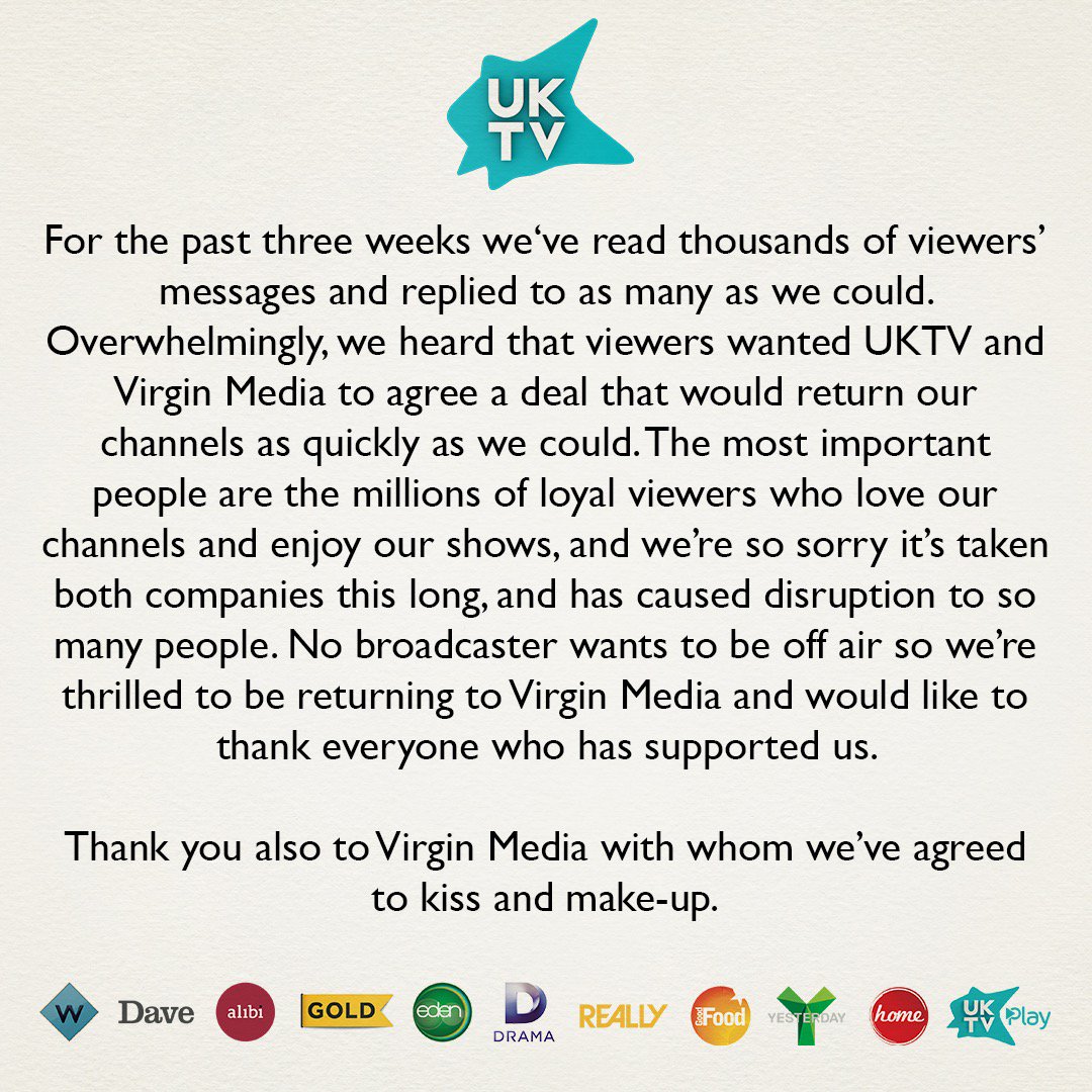 An update from the team at UKTV. Thank you everyone for your support.
