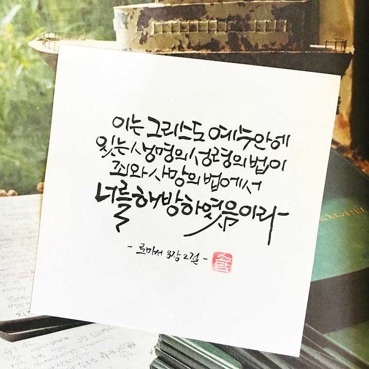 이는 그리스도 예수안에 있는 생명의 성령의 법이 죄와 사망의 법에서 너를 해방하였음이라.
- 로마서 8장 2절 -
소담

#소담캘리 #소담캘리그라피 #소담
#소담공방 #소담스토어
#캘리 #캘리그라피 #붓글씨
#말씀캘리 #성경캘리
#sodam #sodamstore #sodamcraft
#calligraphy #calli