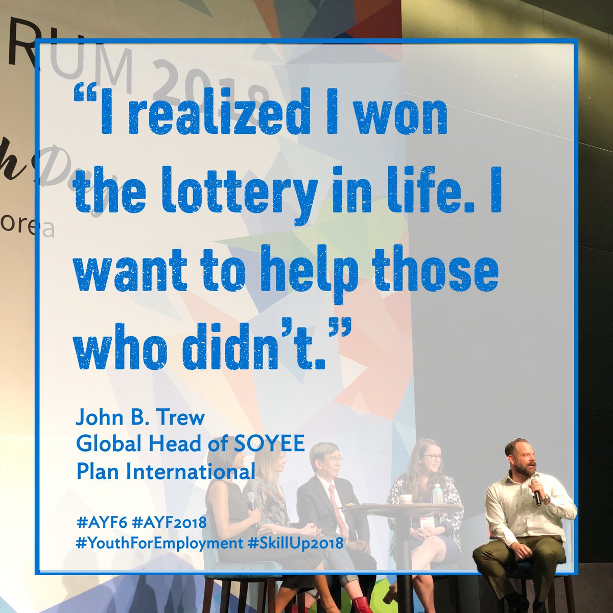 PlanAsiaPacific's tweet photo. Global Head of SOYEE, @jbtrew, shared to more than 400 young people in Incheon, Korea the story of how he started working with and for the youth.
#AspireToInspire #AYF6 #AYF2018 #SkillUp2018 #YouthForEmployment https://t.co/H5zS4HXC9o