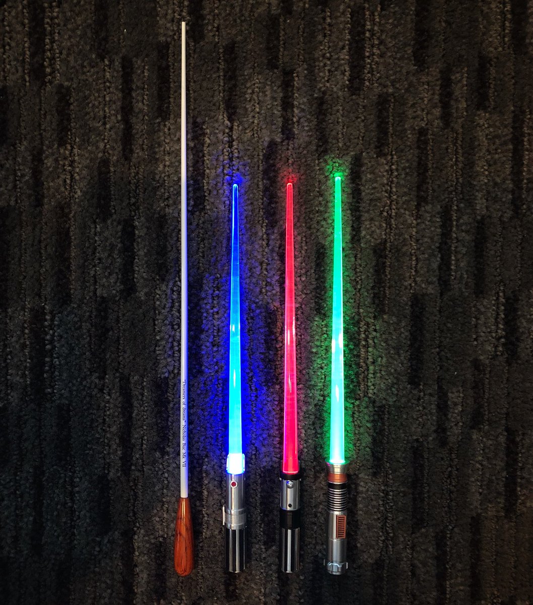 BucNicholas's tweet photo. My old one, dadโs old one, dadโs new one, my new one...
#BatonOfTheDay #WhichOneToPick #StarWars #Conductor https://t.co/PQ407g231j