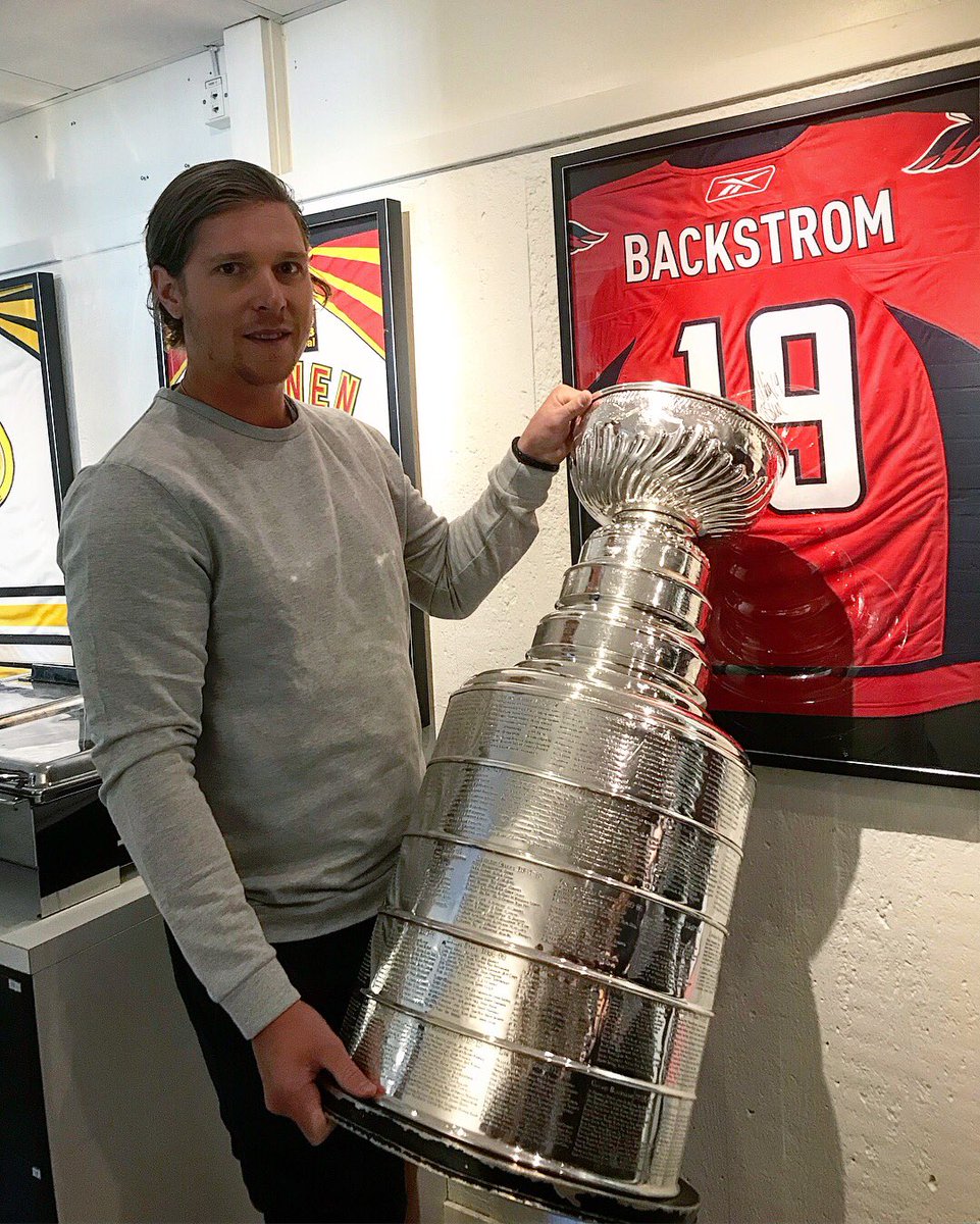 Capitals's tweet photo. .@Djorre00 and @backstrom19 bring the #StanleyCup back to their Swedish Hockey League home rink, Gavlerinken #ALLCAPS https://t.co/T2AerEbB5m