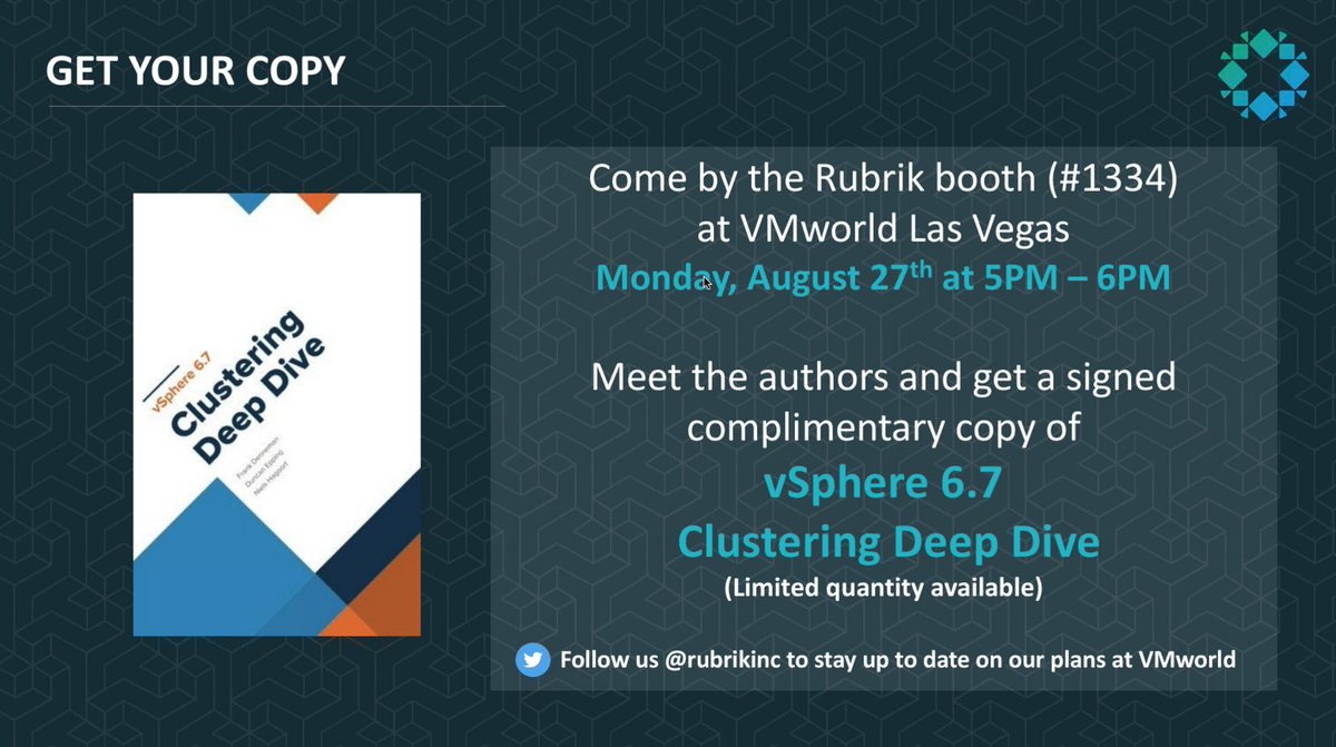 DuncanYB's tweet image. Word got out last night, at VMworld on Monday between 17:00 and 18:00 there will be a book signing session at the @rubrikInc booth. Show up on time and get a complimentary copy of the @ClusterDeepDive! Thanks Rubrik for this great give away, I may just pick one up myself ;-)