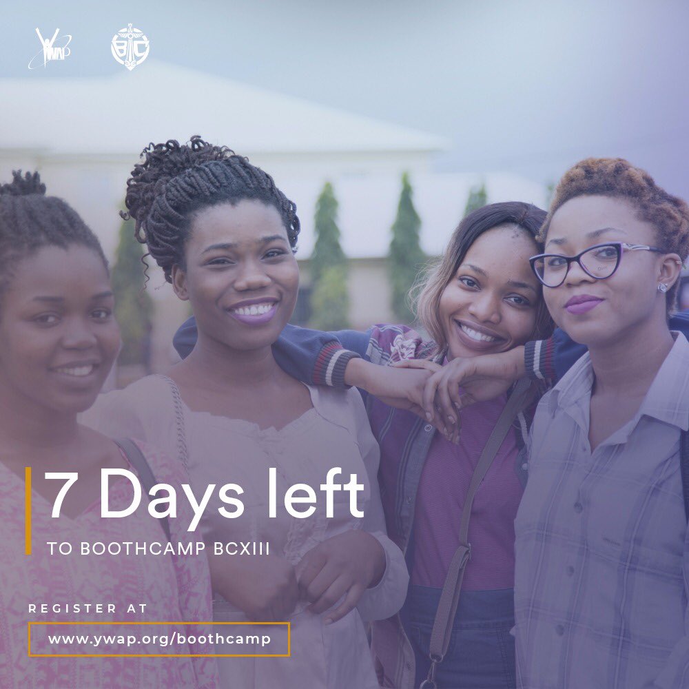 YWAPhq's tweet photo. In 7 days, our bags would be packed for camp. 
Invite someone, register, come with an open heart to just enjoy yourself from the 19th-26th of August 2018.

See you there! 🤗

#YWAP
#BoothcampXIII
#BCXIII
#Doingmore https://t.co/0Hpx10TAiX