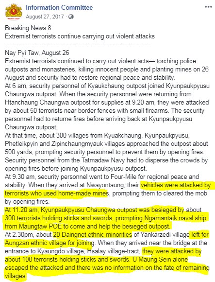 Aug 26, 2017-Breaking News 84.40pm to 4.55pm-2 home-made mines exploded Hlayga village5.20pm-Terrorists set  #Natchaung outpost on fire7 terrorists came & attacked *370 students* at TaungpyoLetwe high school prompting military to resistDetail here  https://bit.ly/2vR696A 