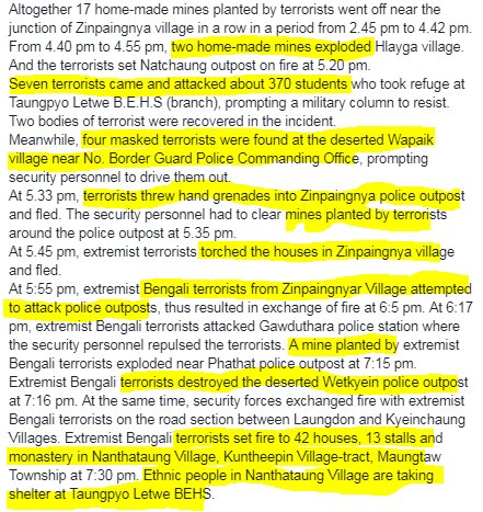 Aug 26, 2017-Breaking News 84.40pm to 4.55pm-2 home-made mines exploded Hlayga village5.20pm-Terrorists set  #Natchaung outpost on fire7 terrorists came & attacked *370 students* at TaungpyoLetwe high school prompting military to resistDetail here  https://bit.ly/2vR696A&nbsp;