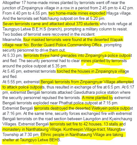 Aug 26, 2017-Breaking News 84.40pm to 4.55pm-2 home-made mines exploded Hlayga village5.20pm-Terrorists set  #Natchaung outpost on fire7 terrorists came & attacked *370 students* at TaungpyoLetwe high school prompting military to resistDetail here  https://bit.ly/2vR696A 