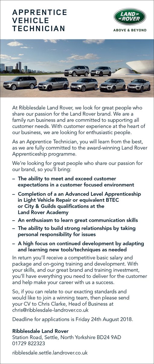 LandRoverSettle's tweet photo. We are looking for an Apprentice Technician and Service Advisor to join our team. All the information is in the photos, along with details of how apply. #LandRover #Jobs #Settle #Skipton https://t.co/c8jxhDXB3N