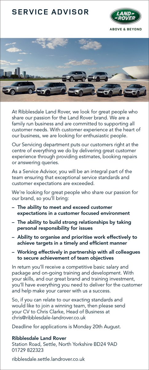 LandRoverSettle's tweet photo. We are looking for an Apprentice Technician and Service Advisor to join our team. All the information is in the photos, along with details of how apply. #LandRover #Jobs #Settle #Skipton https://t.co/c8jxhDXB3N