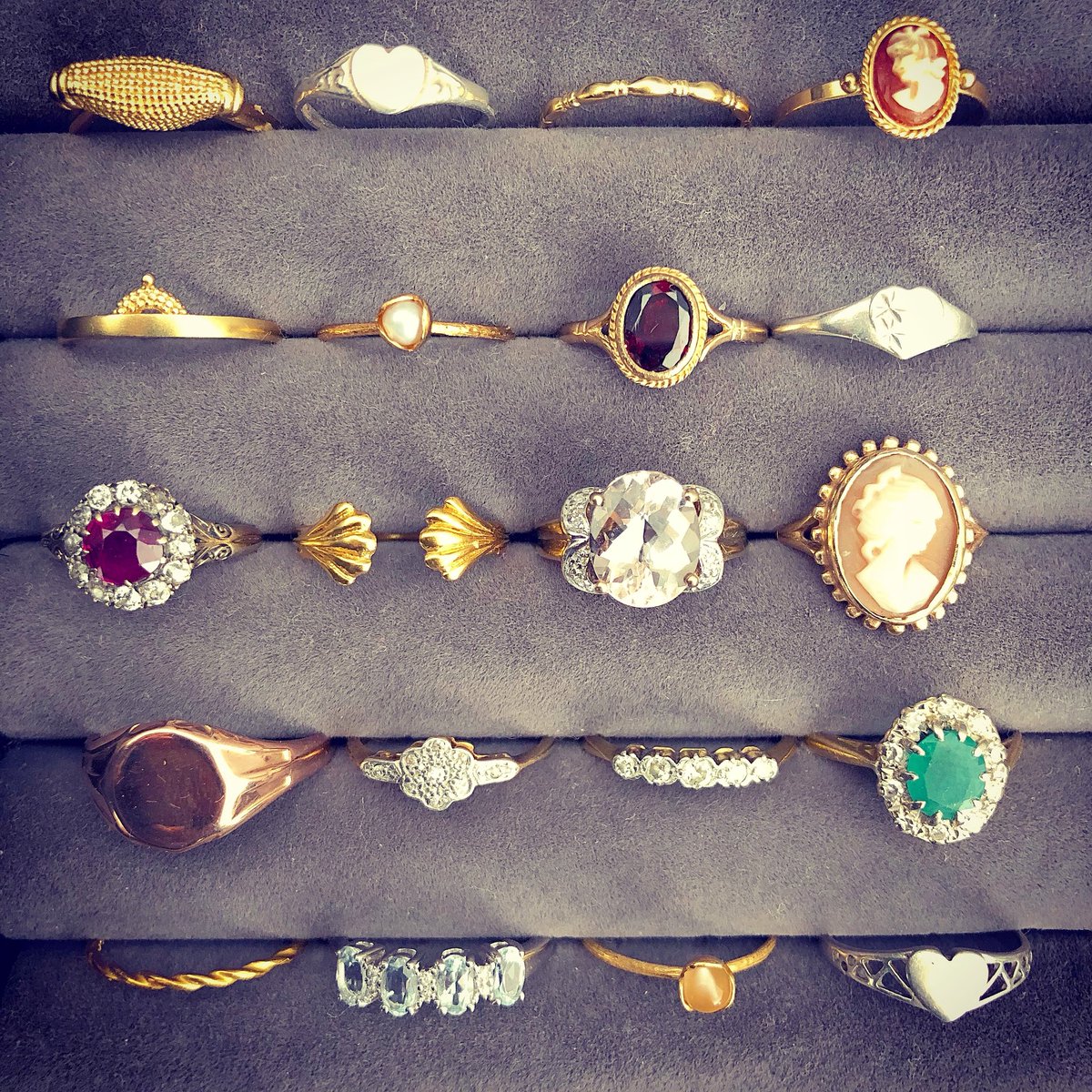 bucklebowpearl's tweet photo. Which is your favourite? #Rings for days 💚💚💚#ring #gemstonerings #goldring #silverring #jewelleryshop #jewelleryblogger #ringoftheday #emeralds #ruby #garnet #moonstone #diamonds #cameos https://t.co/0O31jxZY21