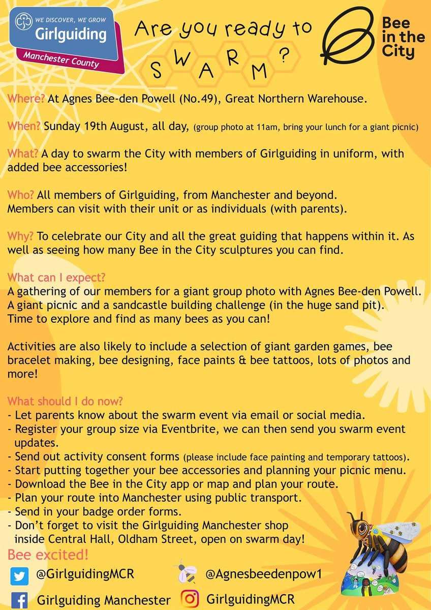 It's only just over a week to our <a href="/Girlguiding/">Girlguiding</a>Mcr #swarmday on 19th August.  We've already got over 400 @Girlguiding members joining us but there's still time! Check out all the details below #BeeInTheCity