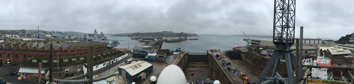 A panaoramic view of Falmouth harbour. RFA Argus, Tidesurge and Mounts Bay are all visible.