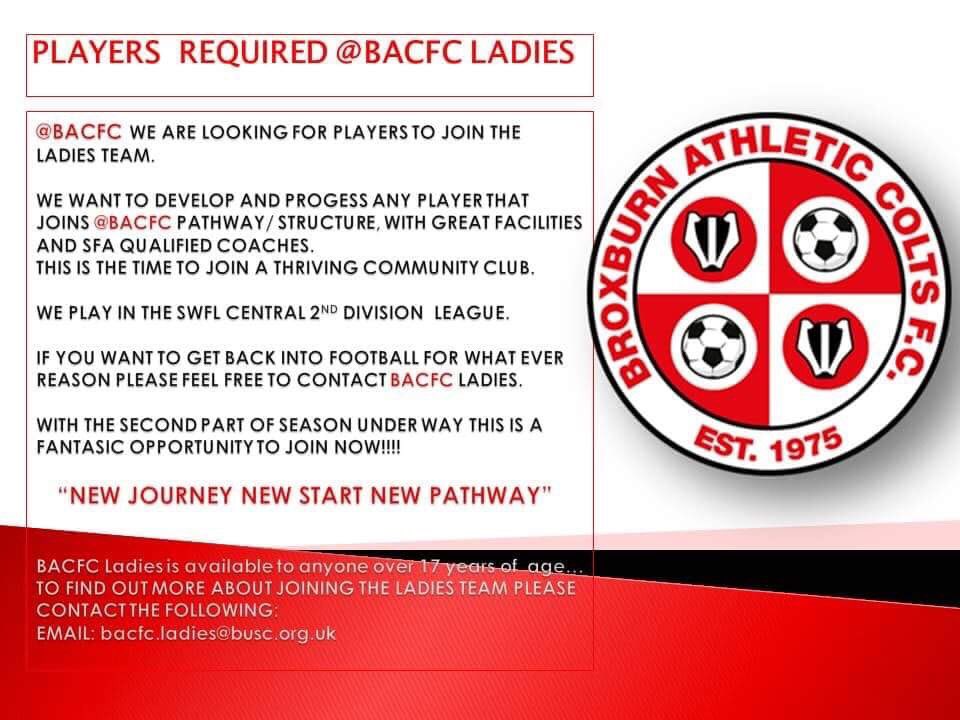 BacfcGirls's tweet image. The Ladies team were pleased to welcome 4 trialists this week and are still recruiting for this half of the season. Want to play for Broxburn Athletic Colts Ladies? Get in touch! #SWFL2