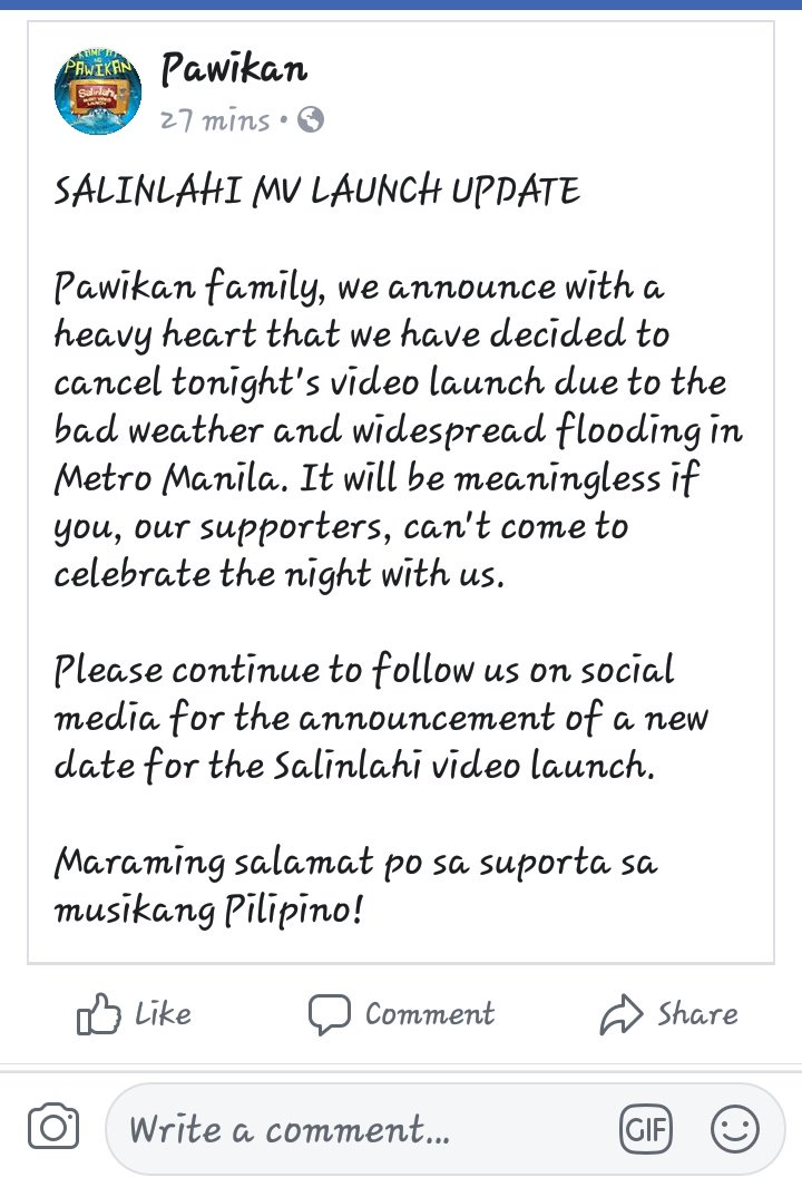 InsomniaPh's tweet photo. SALINLAHI MV LAUNCH got cancelled due to bad weather and widespread flooding in Manila. We'll keep you posted for the re-sched of Pawikan's MV LAUNCH!

Stay safe and dry everyone! :) https://t.co/bkvEx7gsS9