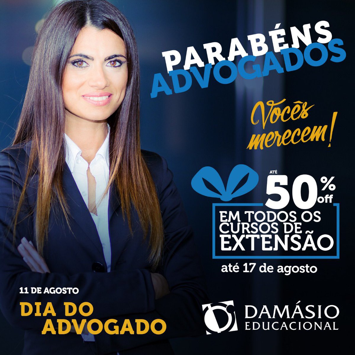 Damasio_Ap's tweet photo. PARABÉÉÉÉNS, ADVOGADOS! 🎉🎁

Em respeito à nossa clausula pétrea da educação e ao SEU DIA, o DAMÁSIO dá um salvo-conduto ao seu bolso e lhe presenteia com um super desconto de até 50% para OS CURSOS DE EXTENSÃO que entrou em vigor ontem.

Vem com a #DamásioApucarana! https://t.co/yXzcdPqKs1
