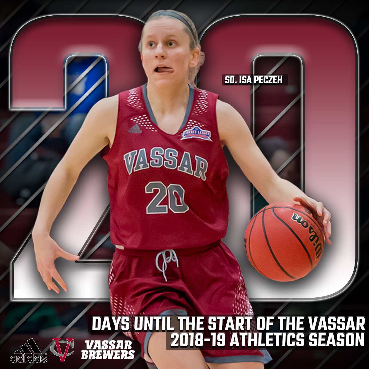 VassarAthletics's tweet photo. COUNTDOWN | Less than three weeks now until Opening Day, as we're just 20 days away from the start of the 2018-19 season for VC! Here's Isa Peczeh of @VassarWBB who's reminding you to come support the Brewers all year! #OnABrewLevel https://t.co/nvEo602nQ5