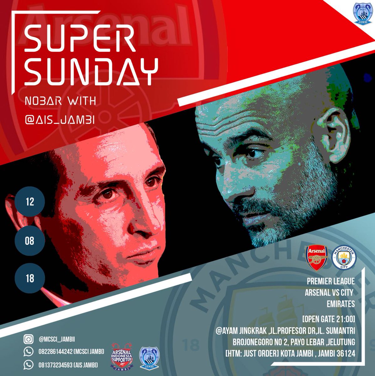 Nobar Premier League bersama <a href="/MCSCI_JAMBI/">CITYZENS JAMBI</a>
Arsenal Vs M City
📅 Minggu,  12 - 08 - 2018
📍 Ayam Jingkrak (Dpn Swiss Bell Hotel)
⌚ 21:30 WIB
💰Just Order
📲 WA Rendy (081373234593)
DC : Baju Arsenal
Cc : <a href="/ID_ARSENAL/">ARSENAL INDONESIA</a>