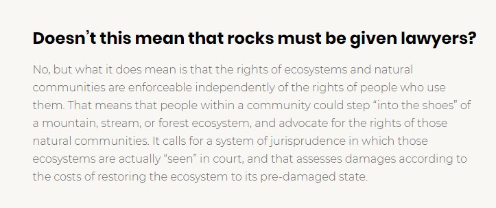 AnardeUganda's tweet photo. Doesn’t this mean that rocks must be given lawyers?
No, but what it does mean is that the rights of ecosystems and natural communities are enforceable independently of the rights of people who use them. #rightsofnature #Anarde @rights4nature https://t.co/K8LYKnTQ2B