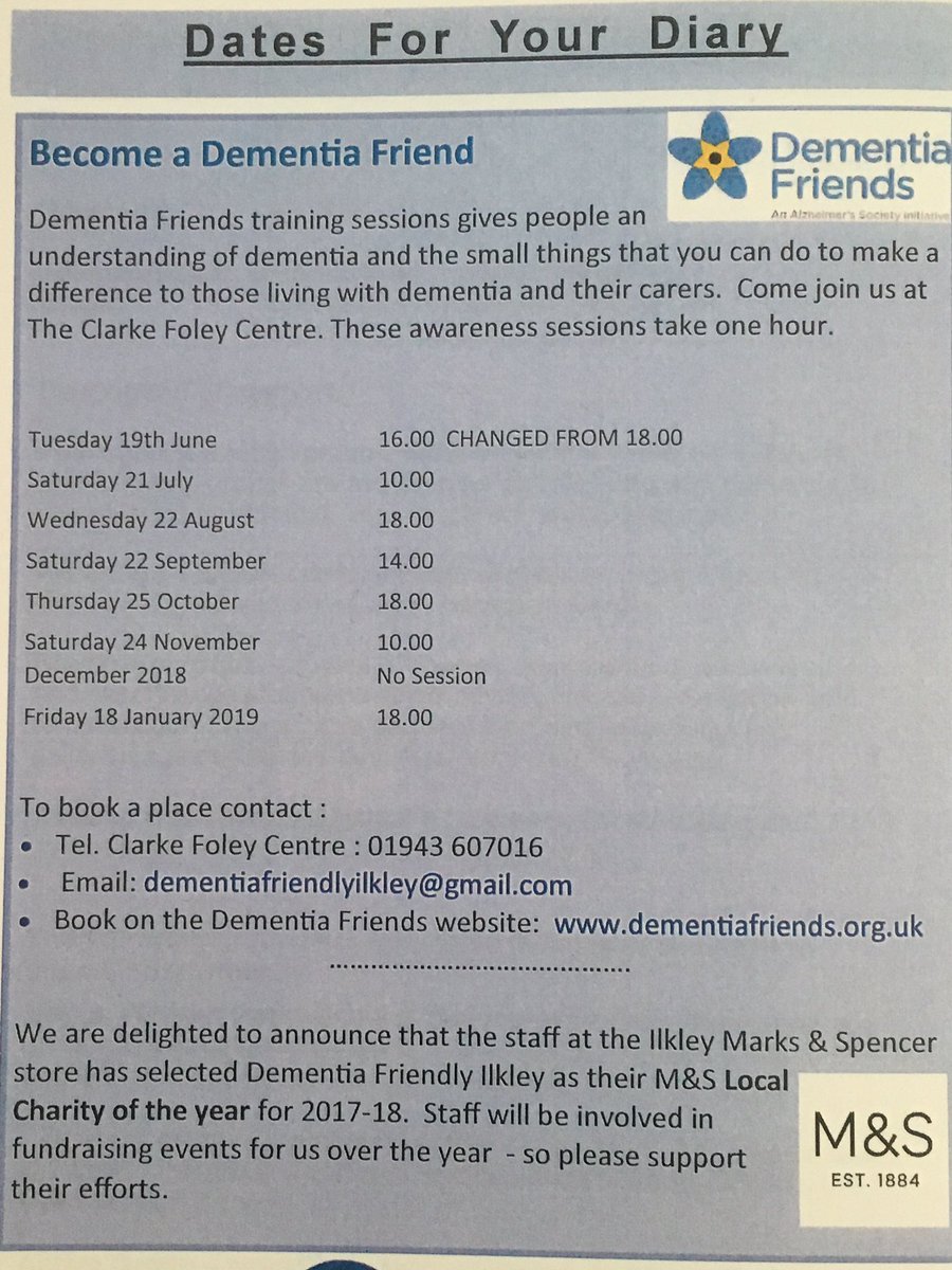 Dementia info session is on Weds 22nd August at 18:00 @CFCIlkley hosted by Sally ChawnerBaxter dementia champion <a href="/DementiaIlkley/">Dementia Friendly</a>