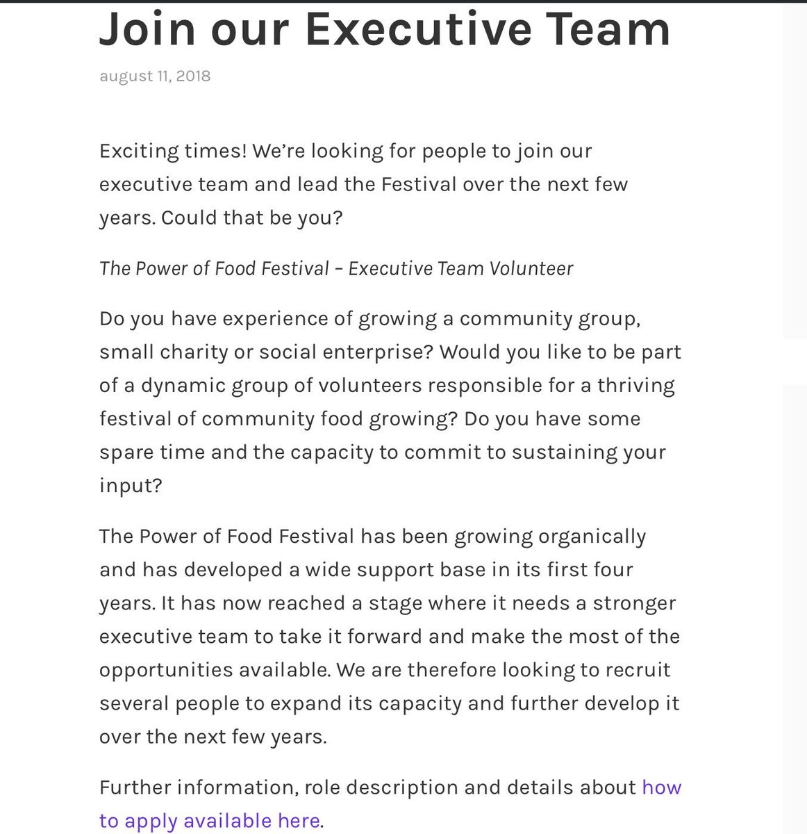 Join the #volunteer team &amp; lead #Edinburgh’s #communitygrowing #festival! 
poweroffoodfestival.wordpress.com/2018/08/11/joi…
#CommunityGardens #Food #SocialChange
Pls share.