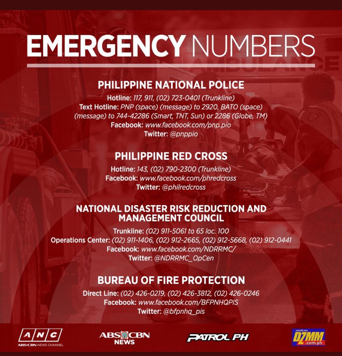 ABSCBNNews's tweet photo. Kapamilya, manatiling ligtas sa panahon ng sakuna. Narito ang emergency numbers na dapat mong tandaan: https://t.co/MfeINDs3tU