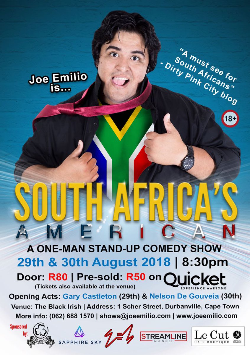 ComedyCapitalZA's tweet photo. Get to The Black Irish on the 29th and 30th of August to catch @joeemiliocomedy South Africa's American - One-Man Comedy Show

Opening acts: @castleton38 (29th) and @nelsonscomedy (30th)

Tickets at the door R80 | R50 pre-booked on @QuicketSA

Quicket link https://t.co/74q1ApQtaa https://t.co/zdnRWyBTNU