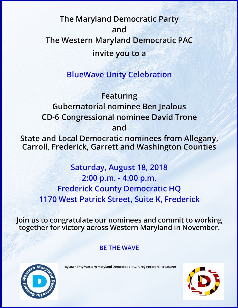 #FredDems: - Here's a reminder to join us next Saturday, 8/18 at 2pm for a #BlueWave Unity event featuring <a href="/benjealous/">Ben Jealous</a>, <a href="/davidjtrone/">David Trone</a>, and Dem candidates across Western MD! @westernmddems <a href="/mddems/">Maryland Democratic Party</a> #mdpolitics - mailchi.mp/439dc82d0d72/j…
