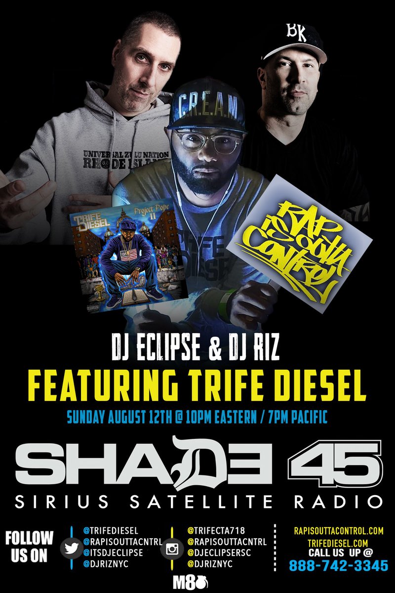 m80theproducer's tweet photo. #salute to ma brothas @TrifeDiesel @ItsDJEclipse @DJRizNyc make sure you tune in tomorrow, this will be epic! @SIRIUSXM @Shade45 @RapIsOuttaCntrl #tmf #theodoreunit #wutang #projectpope #hiphopisalive https://t.co/RDI1mOGgD8