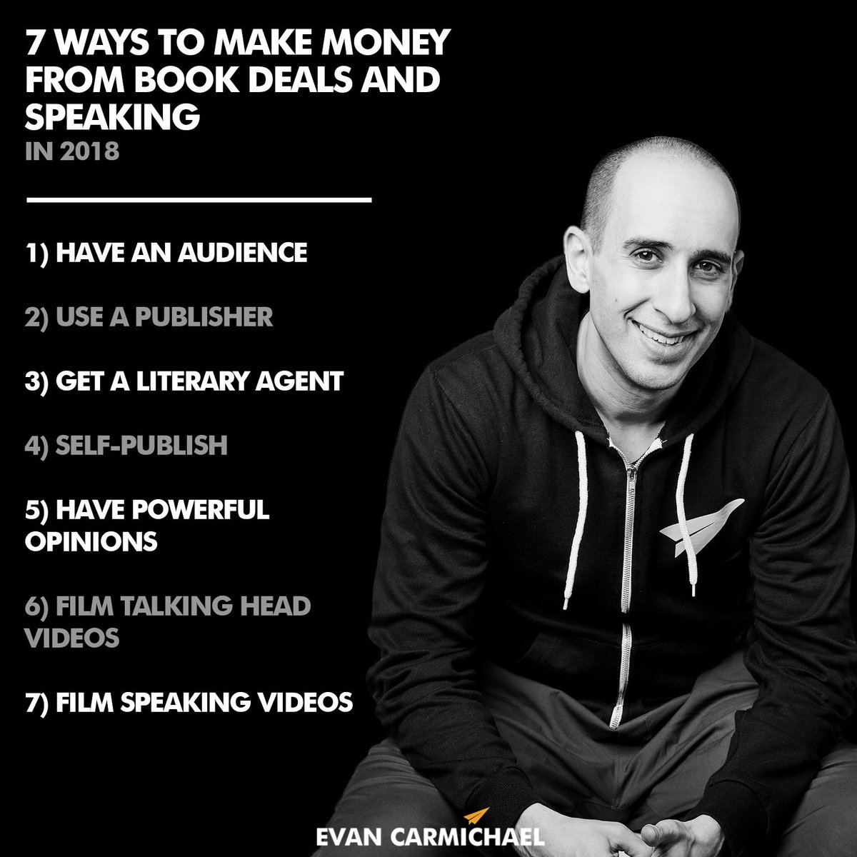 EvanCarmichael's tweet photo. Trying to make money from book deals and speaking? Here's some advice to help you. Which one do you need to work on most? #Believe https://t.co/fvhM2d9NvZ