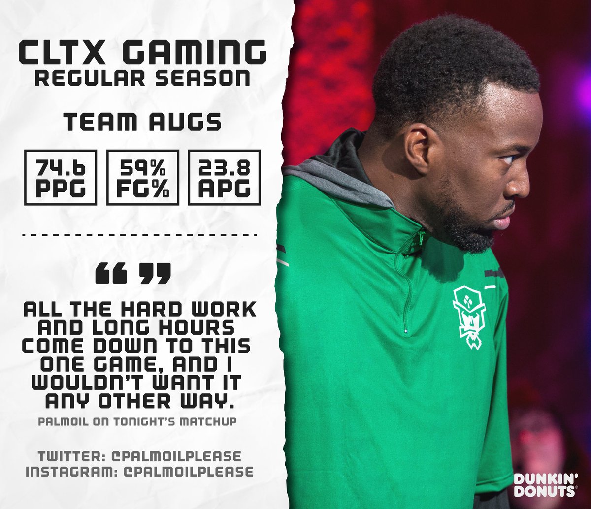 CLTXGaming's tweet photo. Tune in at 5PM (EST) on @Twitch as we attempt to secure a spot in the #NBA2KLeague Playoffs in our matchup 🆚 @MagicGaming . 

💻: https://t.co/PVpEq8BPQE   

#ItsOurTime // #CLTXGaming // @NBA2KLeague // @dunkindonuts // #BrewedforThis https://t.co/pxtBHKQz6d