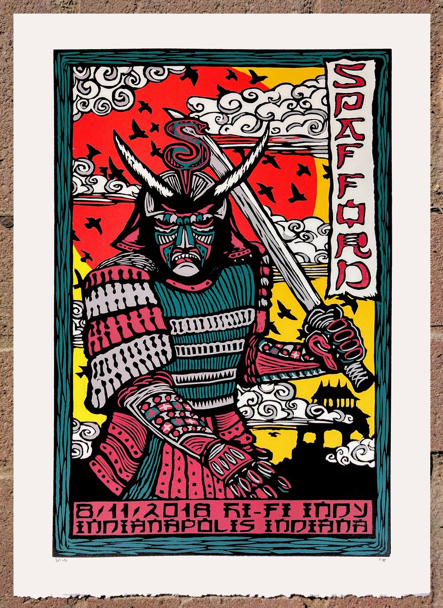 SpaffordMusic's tweet photo. Official print for tonight’s @umphreysmcgee late-night show at @thehifiindy 

"Tell The Others" - By @blockprints_ 
6 Color Reduction Woodblock Print with one split fountain.
Gamblin Oil Based Inks.
Stonehenge White 100% Cotton Rag.
15" by 21".
Edition of 40 Signed and Numbered. https://t.co/KVSoHOu4vt