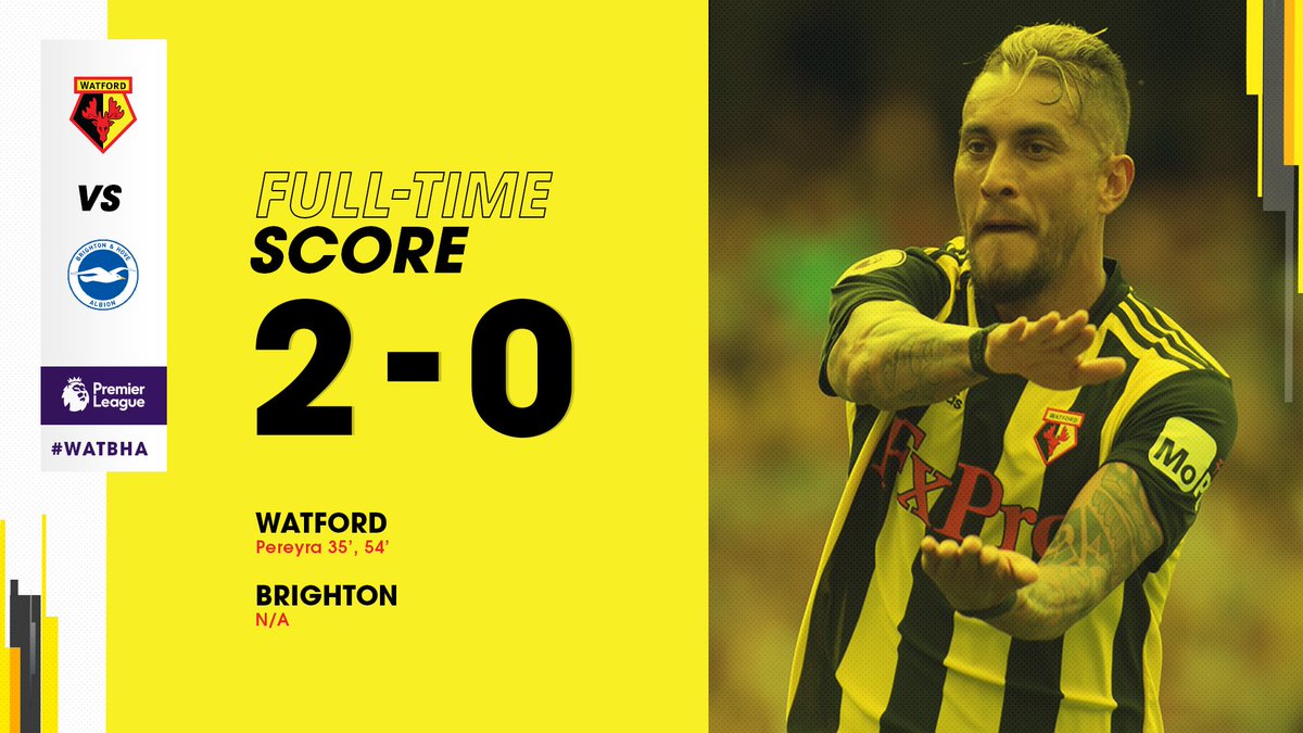 WatfordFC's tweet photo. FT | #watfordfc 2-0 Brighton

A @tucupereyra37 masterclass wins it for the Hornets on the opening day!
 
#WATBHA 

Matchday live ⤵️
https://t.co/qzLll3oYiD https://t.co/YforFxU8Nt