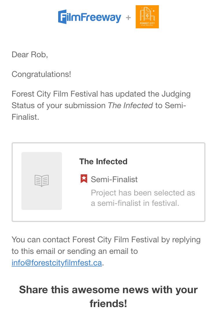 My script #TheInfected has made the first round of cuts at @ForestCityFF!