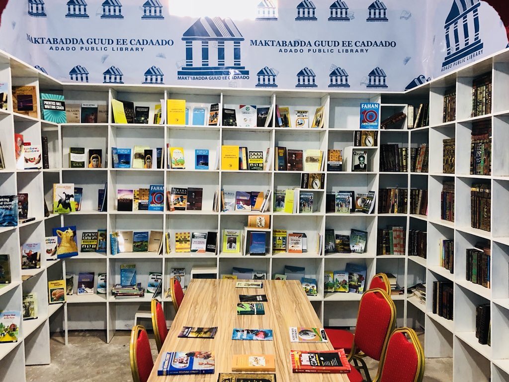 SenatorAbshir's tweet photo. We launched #CadaadoPublicLibrary today to give #youth access to books & opportunities to share ideas & better their lives. This may not match the responsibilities we have as #electedleaders but I believe we can gradually build on these steps. #MakingADifference #SafeSpaces4Youth https://t.co/dNsD1Nqivg