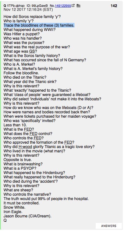 Anons are missing  #Q's instructions. BLOODLINES. EXAMPLES:Q133 "Important to progress. Who are the puppet masters?" "Follow the Bloodlines"Q142 "Trace the bloodlines of these (3) families."Q299 "Rothschilds (cult leaders)(church)(P)" @POTUS  #QArmy  #QAnon  #Payseur  @AvonSalez