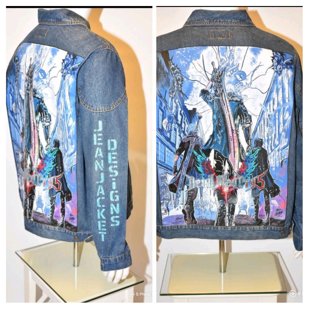 no1vintagegirl's tweet photo. " #Devilmaycry5 " Artists Own jacket by https://t.co/Z8P2mzEdXd #bespoke #custom #handpaint gem #designs on #recycled #jeanjackets + #Swarovski make #tourjackets for #international #djs #musicindustry #luxury #clients #deviltrigger #aliedwards #capcom #ps4 #xbox #dante #virgil https://t.co/lbOPMbnVEu