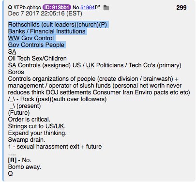 Anons are missing  #Q's instructions. BLOODLINES. EXAMPLES:Q133 "Important to progress. Who are the puppet masters?" "Follow the Bloodlines"Q142 "Trace the bloodlines of these (3) families."Q299 "Rothschilds (cult leaders)(church)(P)" @POTUS  #QArmy  #QAnon  #Payseur  @AvonSalez