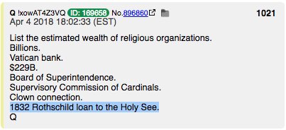 Q1021 "1832 Rothschild loan to the Holy See."P = Payseur?The Rothschilds, after a $ battle, funded the Vatican along with the many un-named Parisian bankers. We believe that the  #Payseurs were indeed one of those banker families.  https://archive.org/details/romanceofrothsch00balluoft @POTUS  #WWG1WWA  #QAnon