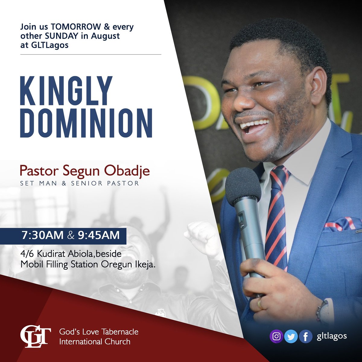 gltikeja's tweet photo. We have been made Kings and Priests unto our God; and we will rule and reign on the earth forever.
Join @PstSegunObadje tomorrow for two power-packed services.
Come receive empowerment for the #KinglyDominion life.
#GLTChurch
#GLTLagos https://t.co/rv5FIM2CwX