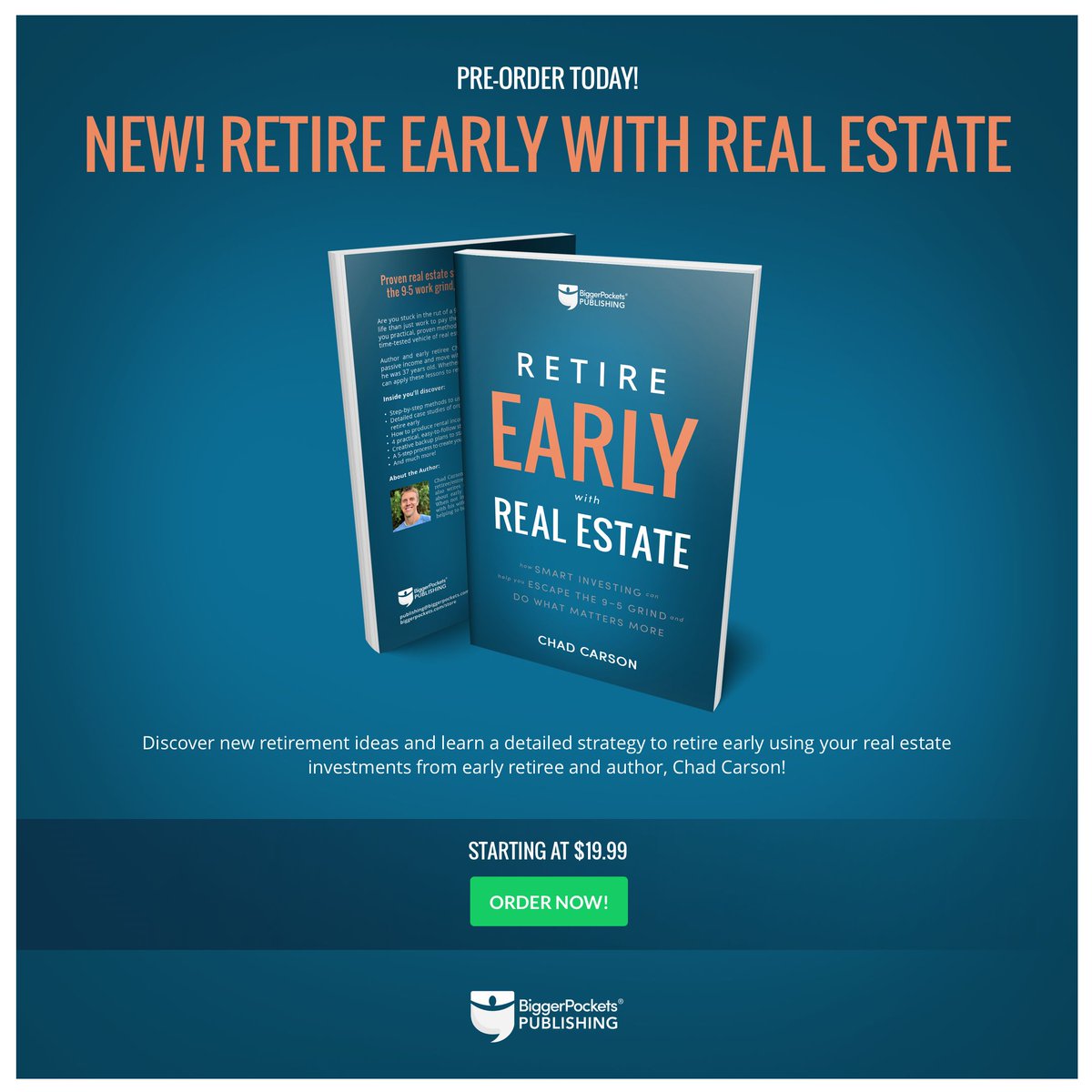 CoachChadCarson's tweet photo. My book #retireearly with #realestate is available for preorder! Shipping on August 23rd from @BiggerPockets 
Why this book? So more people can kick the 9-to-5 job habit &amp; start doing what matters. Let's do it together! https://t.co/QzubD9RbRk https://t.co/yQUrqikfBu