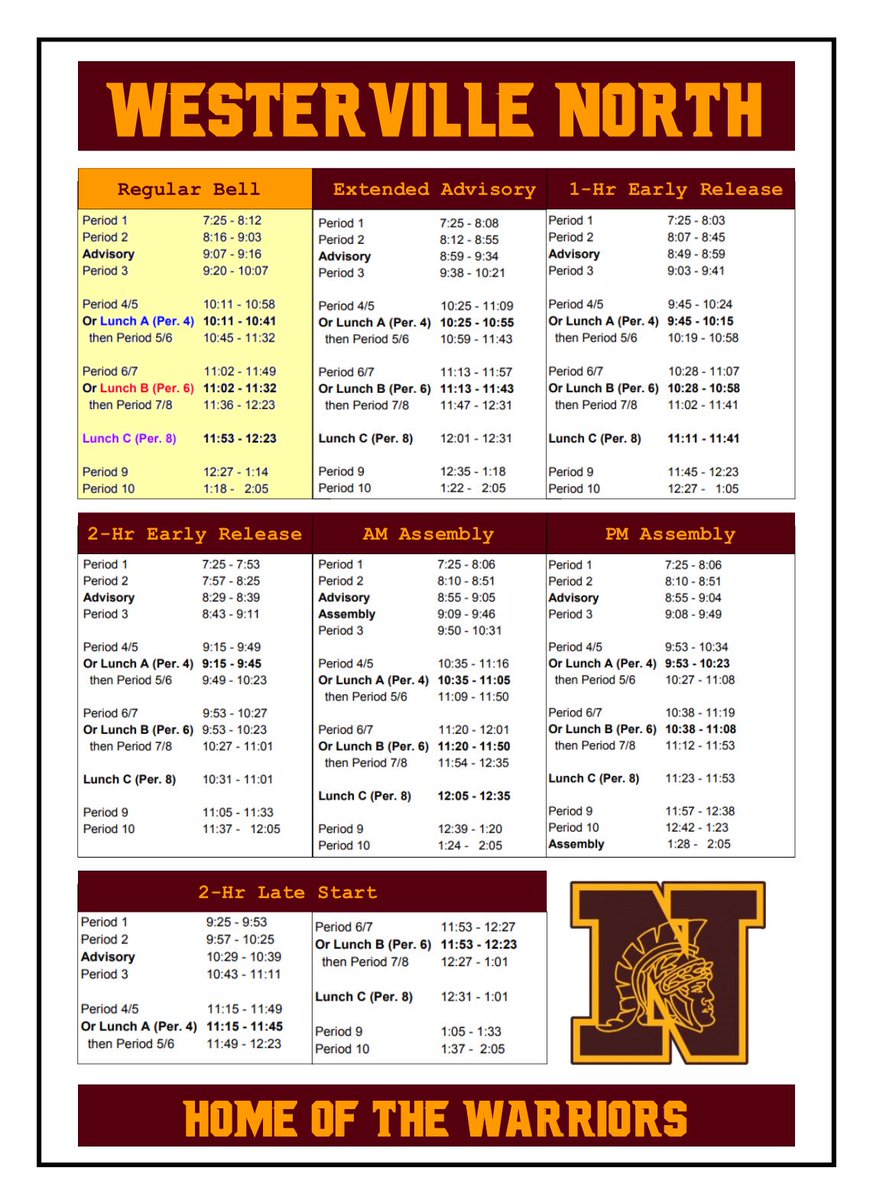 PresidentBeard's tweet photo. Here’s a handout of the new bell schedule I made for my students. Figured I’d share with all of Warrior Nation! (And yes, I’m also hoping for a 2-hour delay on a 2-hour early release day...) #WeAreWarriors @class_north @WNHS_2019 @NorthWarriorsAD @WNHS_Warriors @WNstudent https://t.co/BwMunmcsT3