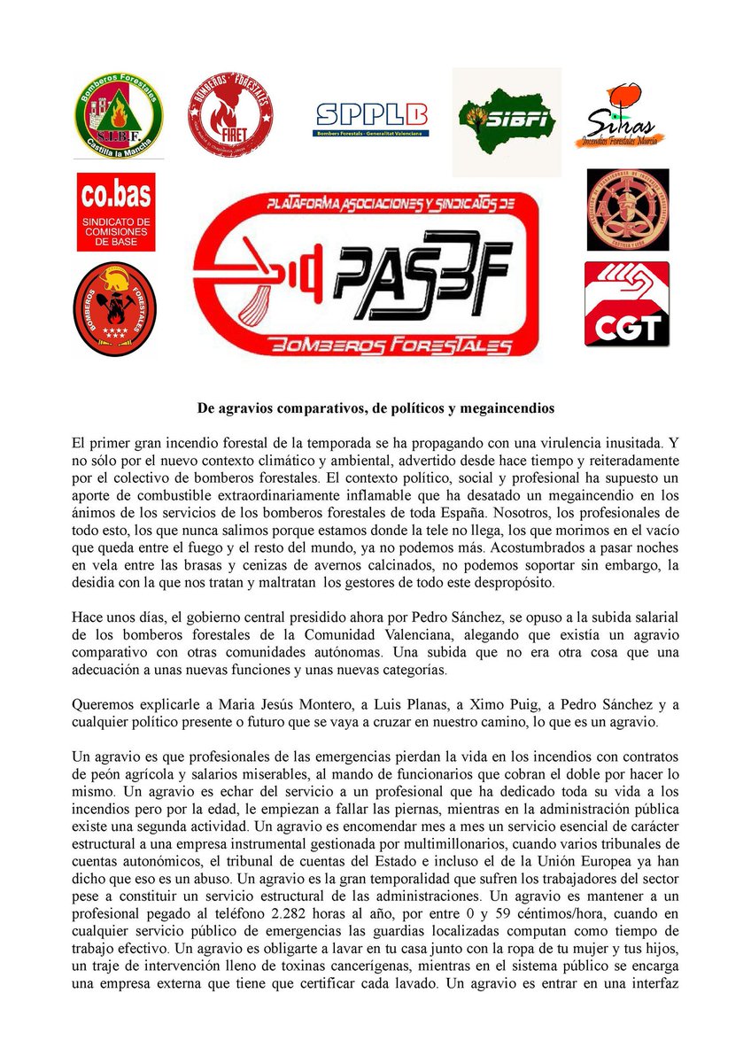 PASBF's tweet photo. "De agravios comparativos, d políticos y  megaincendios"
Cuando la precariedad del colectivoalcanza su rango d inflamabilidad y los ánimos se calientan por encima del punto de
autoinflamación, se generan las condiciones adecuadas para q se genere un incendio última
generación. https://t.co/7Zea3p6ZHr