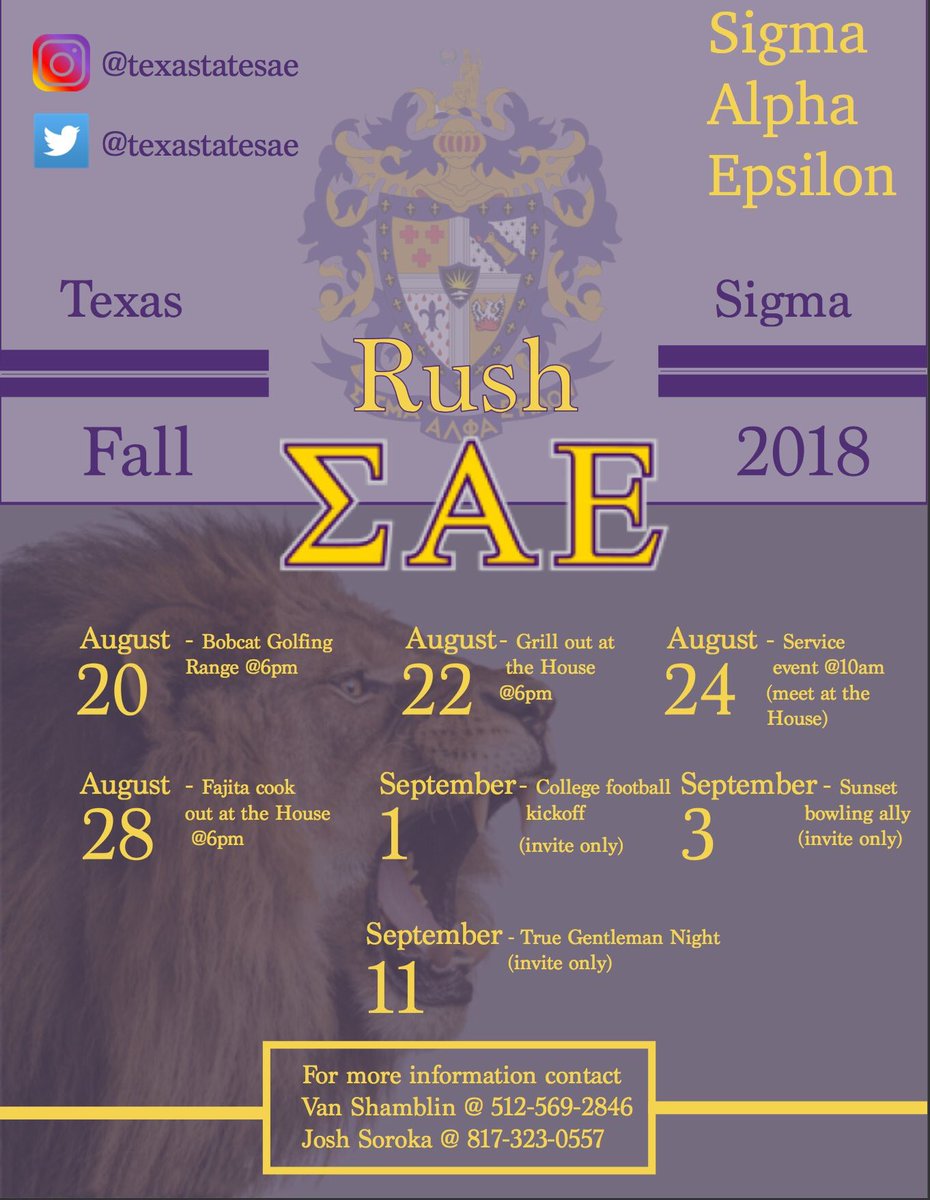 txstsae's tweet photo. Here is our fall 2018 rush schedule! Make sure to contact @J34_Soroka or @vanshamblin if you are interested in rushing! #txst22 #txst21 #txstsae https://t.co/H8KuGsUtXU