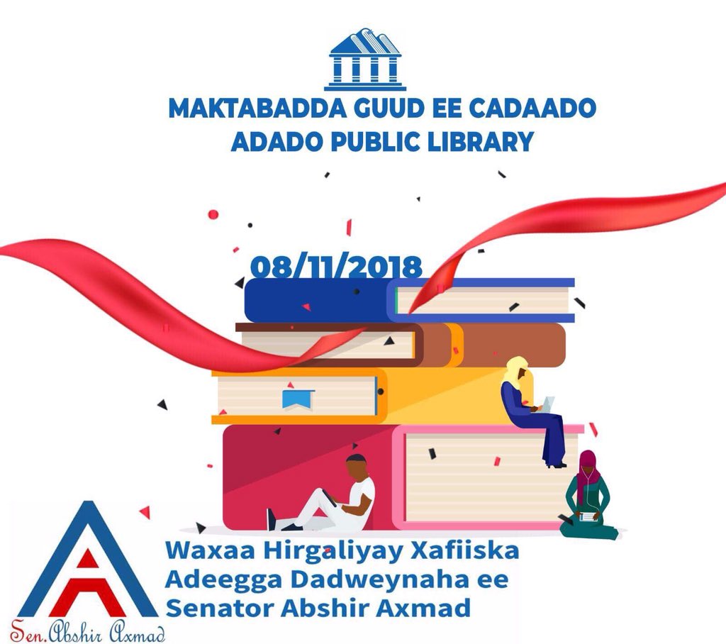 NajmoAbdalla's tweet photo. The first public library in #Adado Opened Today.
#CadaadoLibrary
#LibraryOpened
#MaktabaddaCadaado
@SenatorAbshir @ZakarieAbdalla @qayd2012 @ceelhuuronline https://t.co/lh3MZ0ONno
