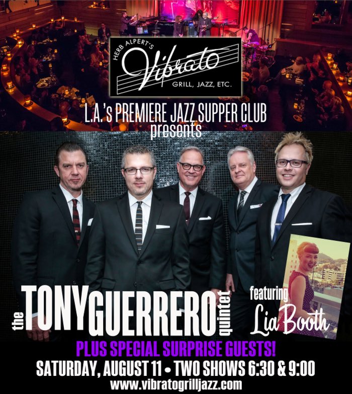 KateFlannery's tweet photo. Tonight! Nothing is cooler than this band. See the Tony Guerrero quintet tonight at #herbalbert 's club Vibrato at Mulholland &amp; Beverly Glen and if you get there before 9 you might hear me sing a song or two @TonyGuerrero @VibratoJazz https://t.co/hPWrT9yyum