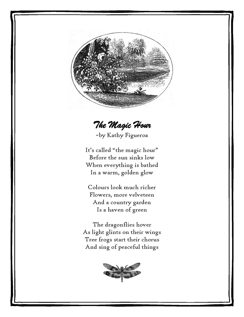 KathyPoetry's tweet image. ✍️From my archives:  After working in my flower #gardens, in #Paudash, I'd often sit on the bench, under a tree, and marvel at the #beauty and #tranquility, which inspired this #poem.  THE MAGIC HOUR was first published in The #Bancroft Times #newspaper, on Sept. 3, 2015. 🇨🇦