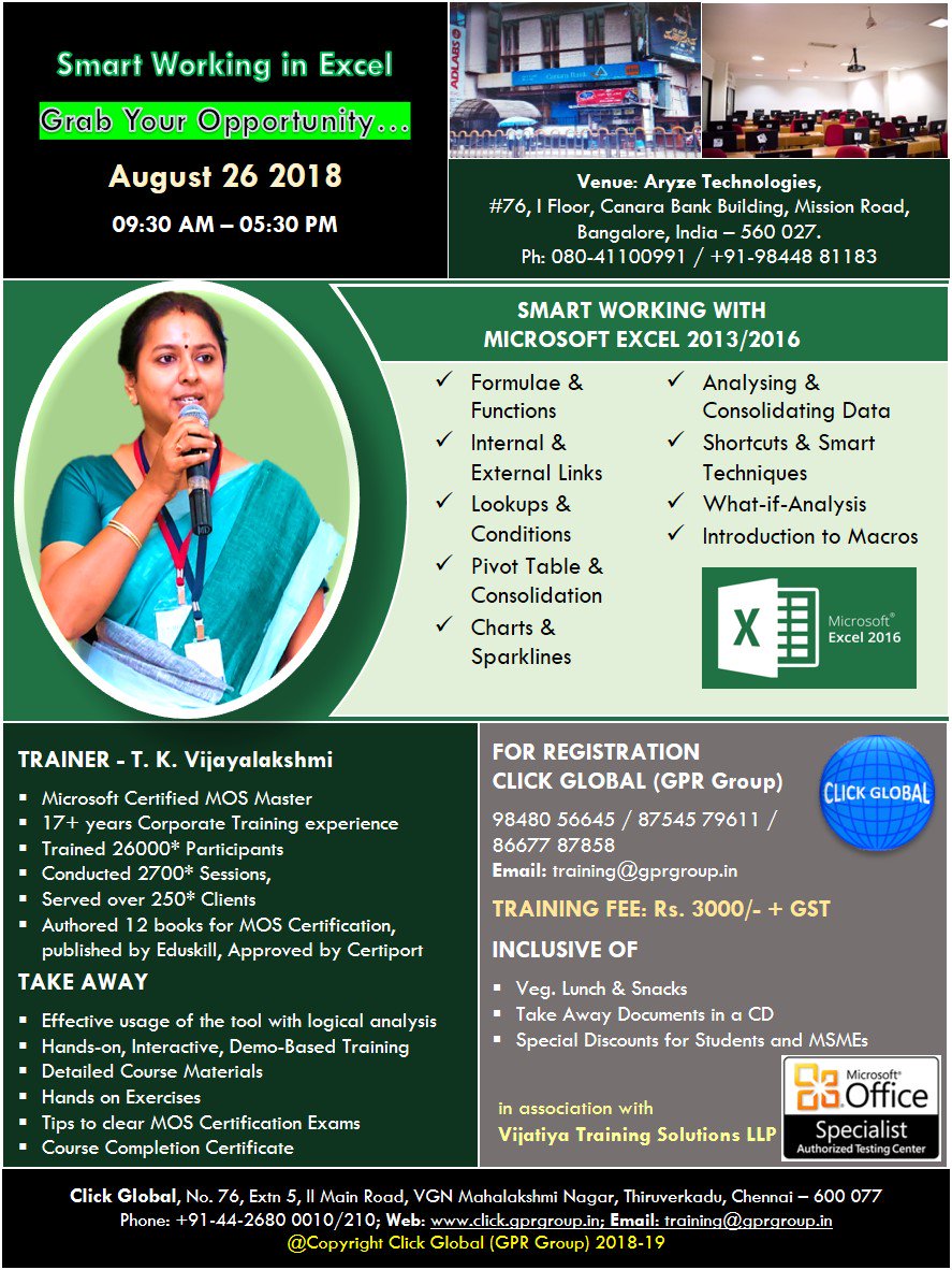 GPR_Group's tweet photo. Click Global marks successful completion of MS Project workshop delivered in collaboration with the Madras Management Association and now invites you to the first public workshop @Bangalore. Registrations open for a one day smart learning course on EXCEL! https://t.co/D5GFNhb4Ep
